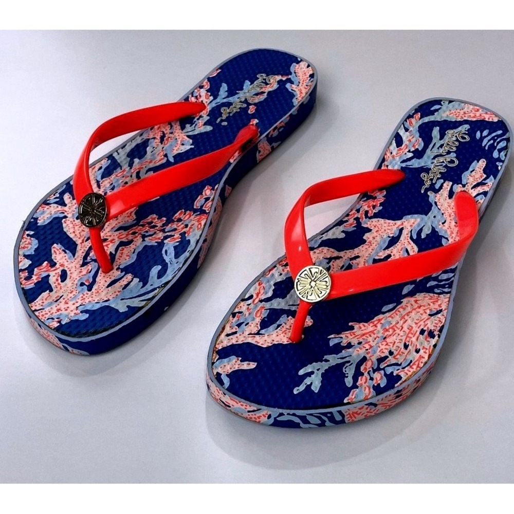 Lilly Pulitzer Pool Flip Flops Borealis Blue Pink Sandals Beach Sz 9/10 9 10 EUC